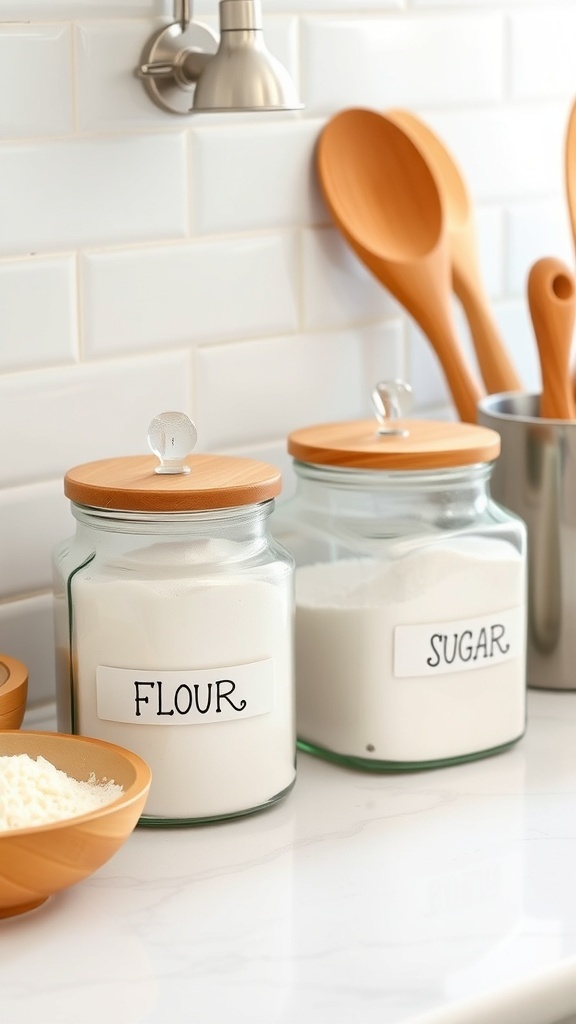 Glass containers with flour and sugar on a kitchen countertop, labeled and organized.
